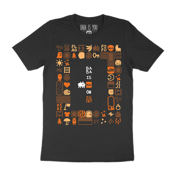 A mockup of the Baba Is Shirt t-shirt, featuring autumnal orange and brown images from the game as Baba prepares to push aside the You in a set of tiles reading "Baba Is You On Shirt."