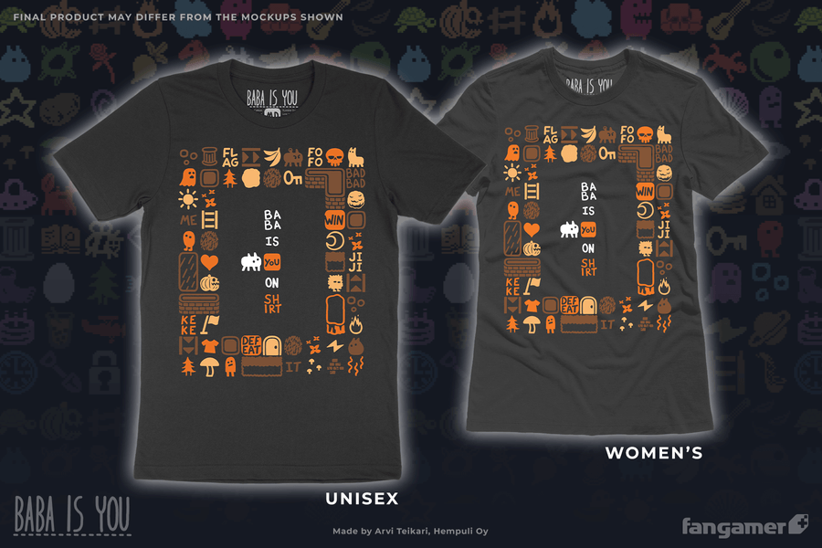 A mockup of the Baba Is Shirt t-shirt, featuring autumnal orange and brown images from the game as Baba prepares to push aside the You in a set of tiles reading 
